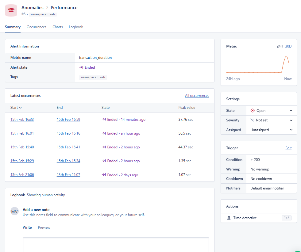 AppSignal Anomaly Detection Issue List displaying triggered performance alerts with a table showing multiple occurrences where transaction_duration exceeded the threshold. Peak values of 56.5 seconds and 44.37 seconds are highlighted, corresponding to index_local_directory and reindex_media operations. The right panel shows trigger configuration with condition set to greater than 200ms and notifier settings. Each occurrence row includes start/end timestamps for correlating with specific user actions or scheduled tasks.