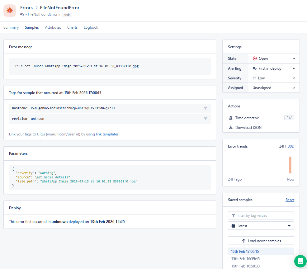 AppSignal Error Summary detail page for a FileNotFoundError displaying comprehensive error context alongside the stack trace. The error message reads 'File not found: WhatsApp Image 2025-09-13 at 16.01.58_833321f0.jpg'. The interface shows parameters including source field indicating the error originated from get_media_details operation and file_path showing the missing file. A trend chart on the right displays error frequency with recent spikes, and a Saved samples section tracks multiple occurrences to distinguish between one-off issues and recurring problems.