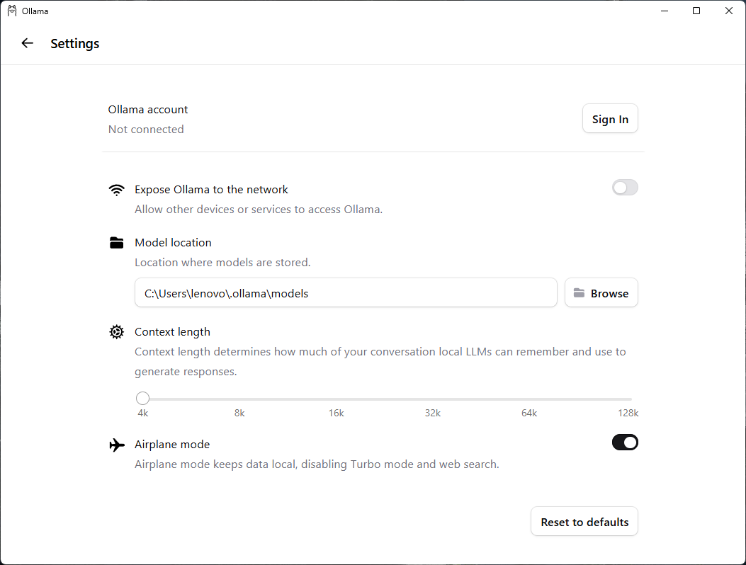 Ollama Settings with Airplane Mode Enabled