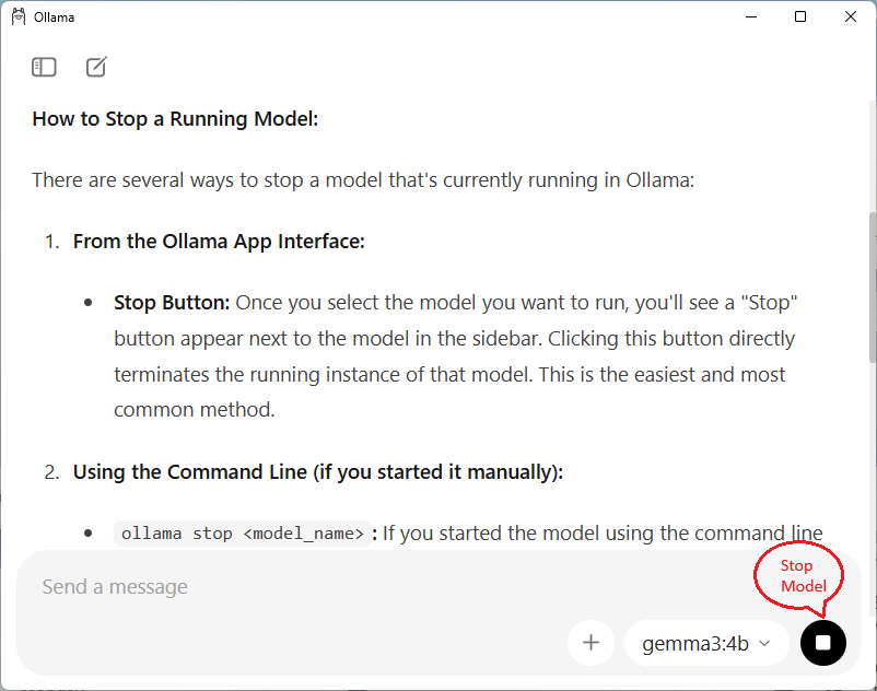Stopping a model in Ollama desktop application