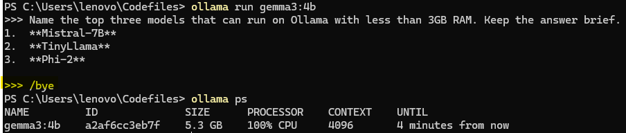 Stopping a model using /bye command in Ollama CLI