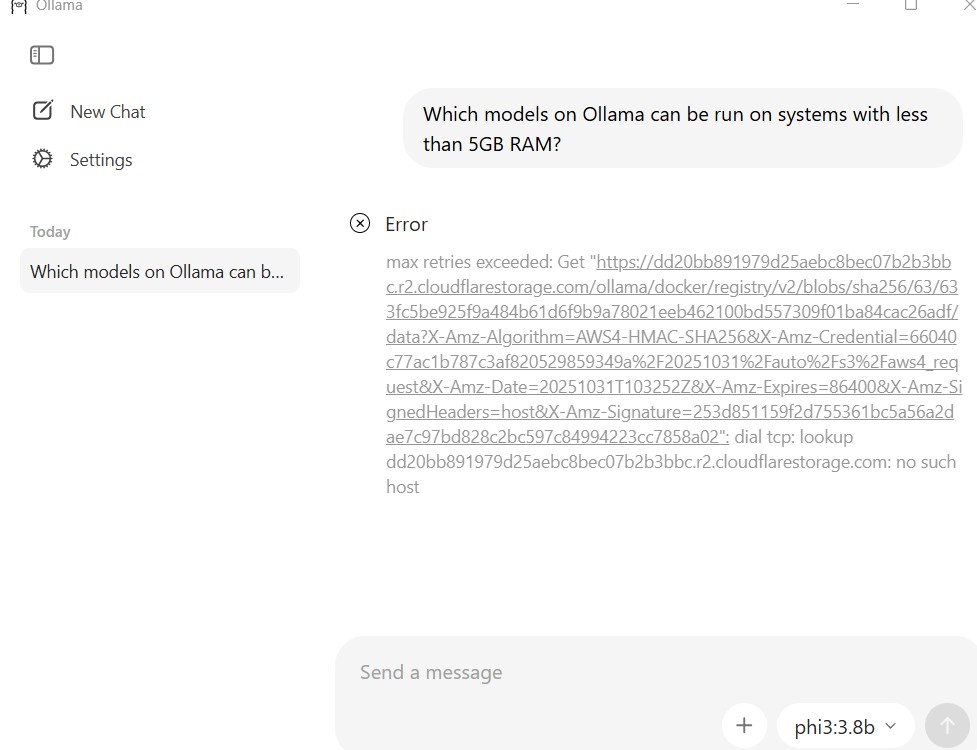 Network error during model installation in Ollama desktop app