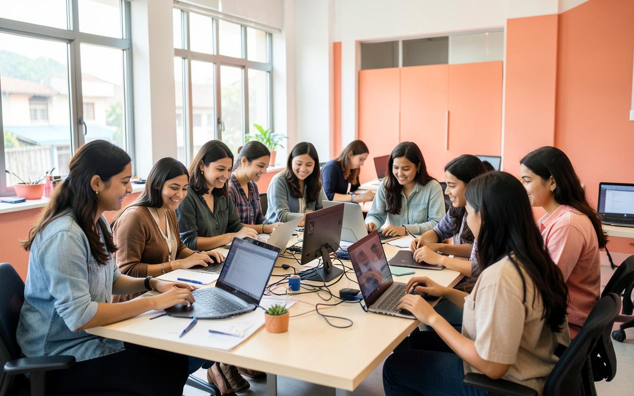 Women software developers building projects together at a community workshop
