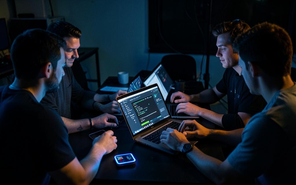 Developers working together during a late-night virtual meetup