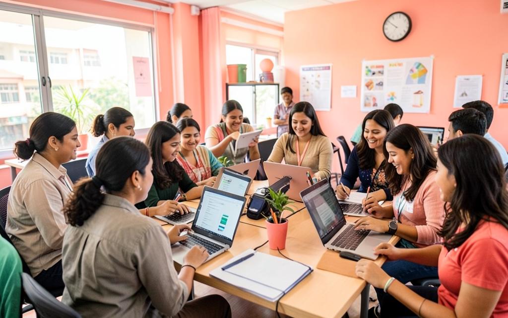 Women building applications together at a Pune hackathon